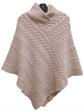 Inis Crafts Wool Cable Knit Wrap Poncho Sweater - Beige Size Small/Medium